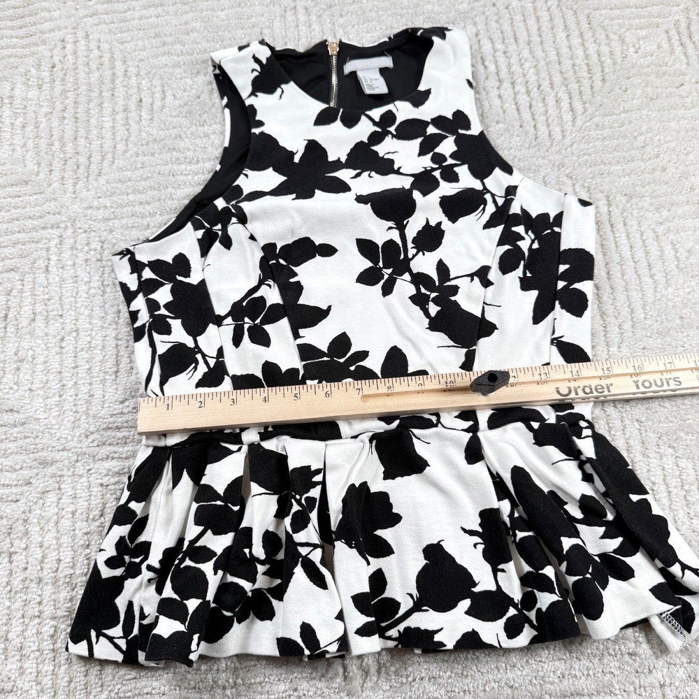 H&M Peplum Top Women's Large Black White Floral Sleeveless Office Chic Mod Work - Picture 6 of 7